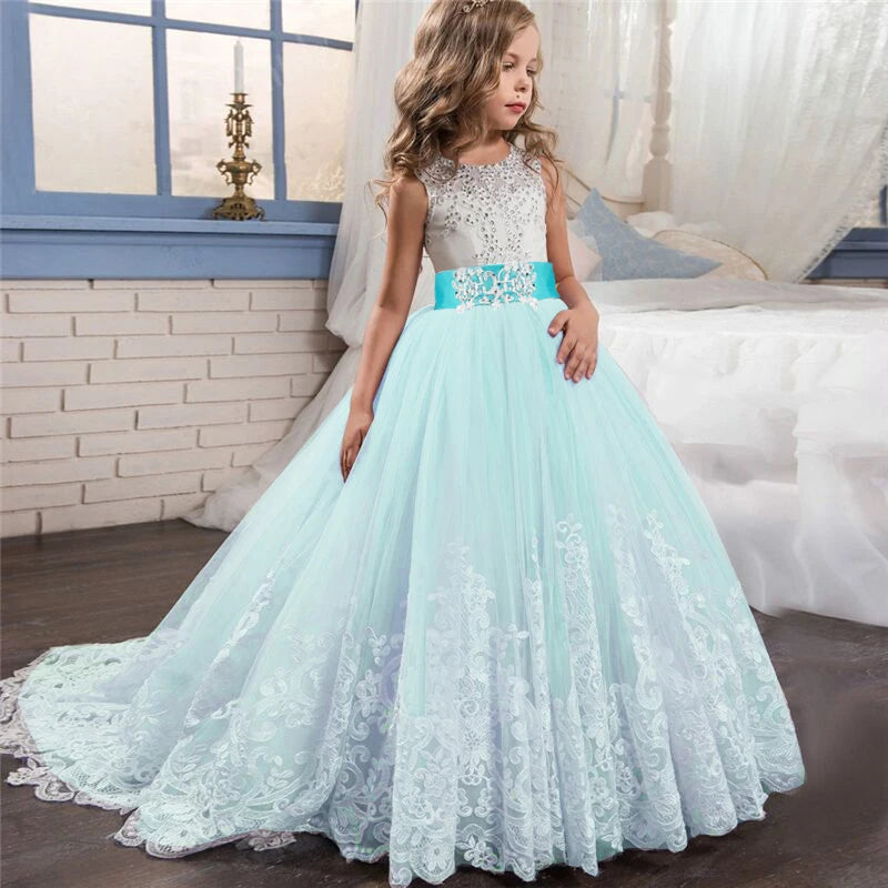 Fancy Flower Long Prom Gowns Teenagers Dresses for Girl Children Party Clothing Kids Evening Formal Dress for Bridesmaid Wedding