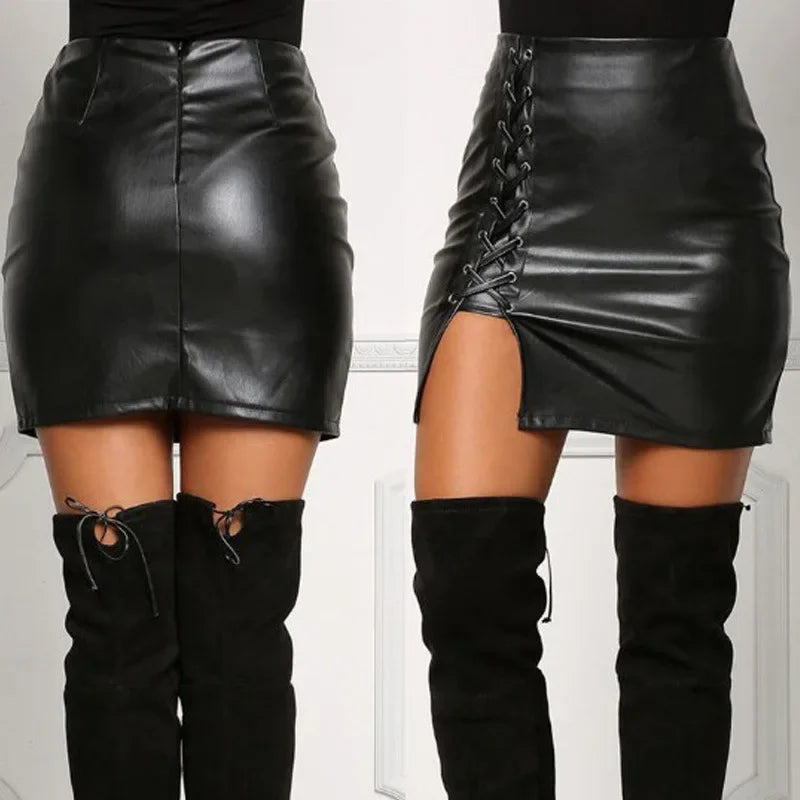 Sexy Girls Above Knee Black PU Leather Mini Skirts Spring Women High Waist Bodycon Front Split Elegant Short Skirt