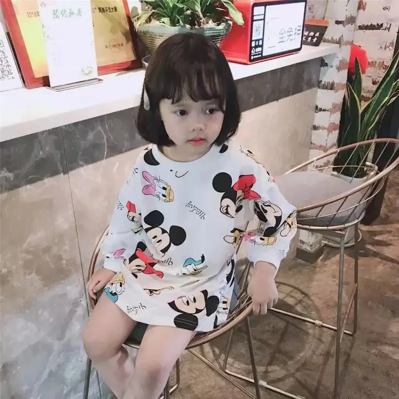 Spring Autumn Family Matching Clothes Outfits Cartoon Mickey Mouse Mommy and Me Long Sleeve Tshirts Pajama Woman Baby Girl Dress