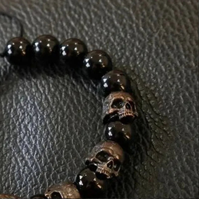 Dark Vintage Style Horror Skull Black Beads Charm Mens Bracelet Statement Steampunk Gothic Accessories for Women Fashion Jewelry