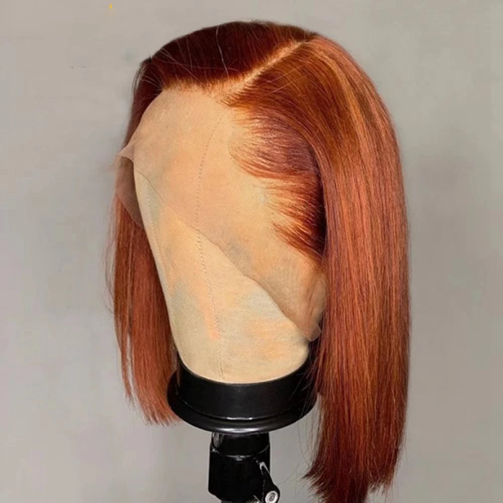 Soft Preplucked Ginger Orange Middle Part Silky Straight Short Blunt Bob Lace Front Wigs For Black Women With Baby Hair Daily