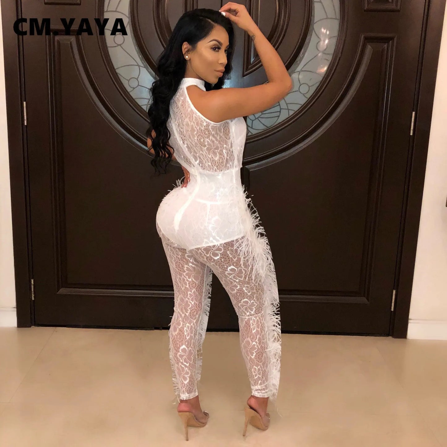 CM.YAYA Fashion Women Sleeveless Lace See Though Fur Side Skinny Stretchy Jumpsuit Streetwear Sexy One Piece Suit INS Playsuits