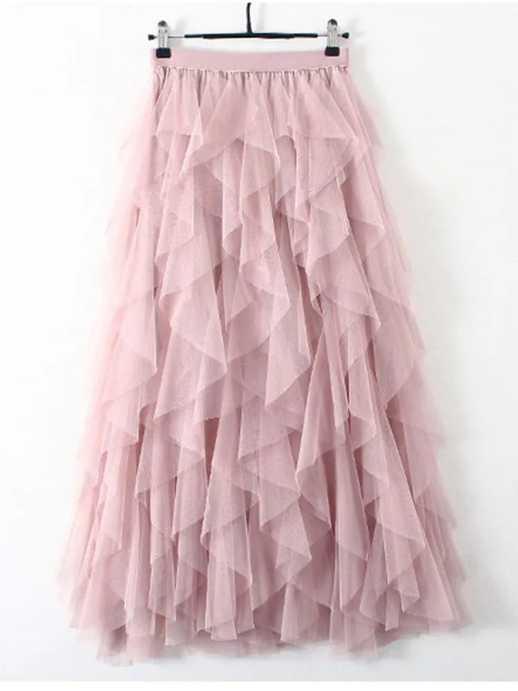 TIGENA Tutu Tulle Long Maxi Skirt Women Fashion 2024 Korean Cute Pink High Waist Pleated Skirt Mesh Female Lady Aesthetic Faldas