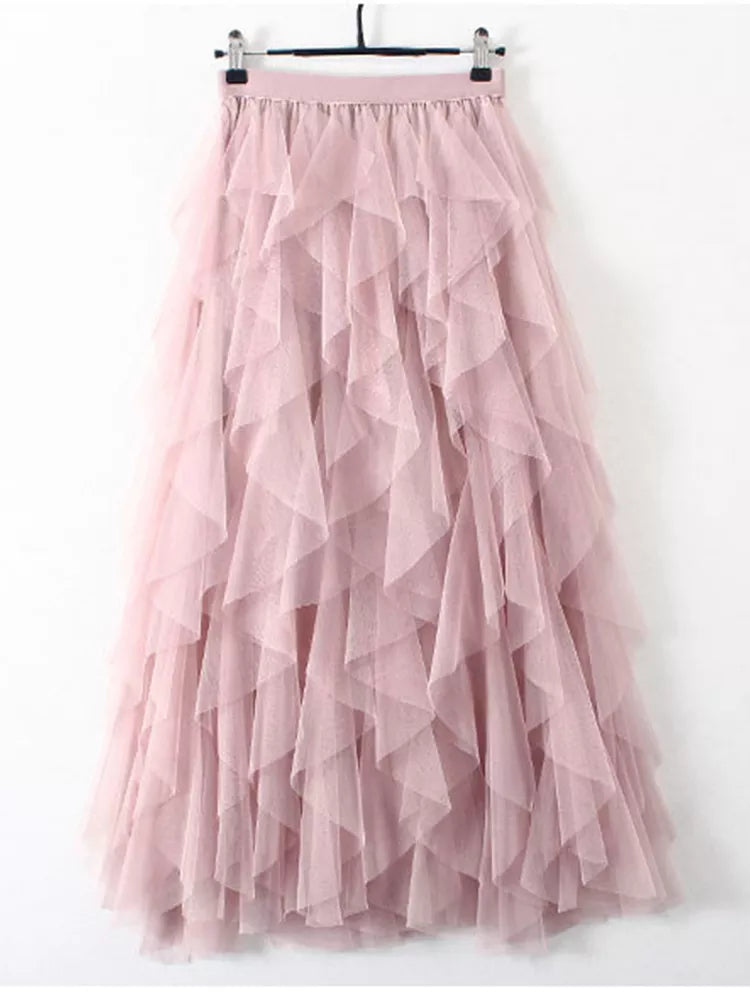 TIGENA Tutu Tulle Long Maxi Skirt Women Fashion 2024 Korean Cute Pink High Waist Pleated Skirt Mesh Female Lady Aesthetic Faldas