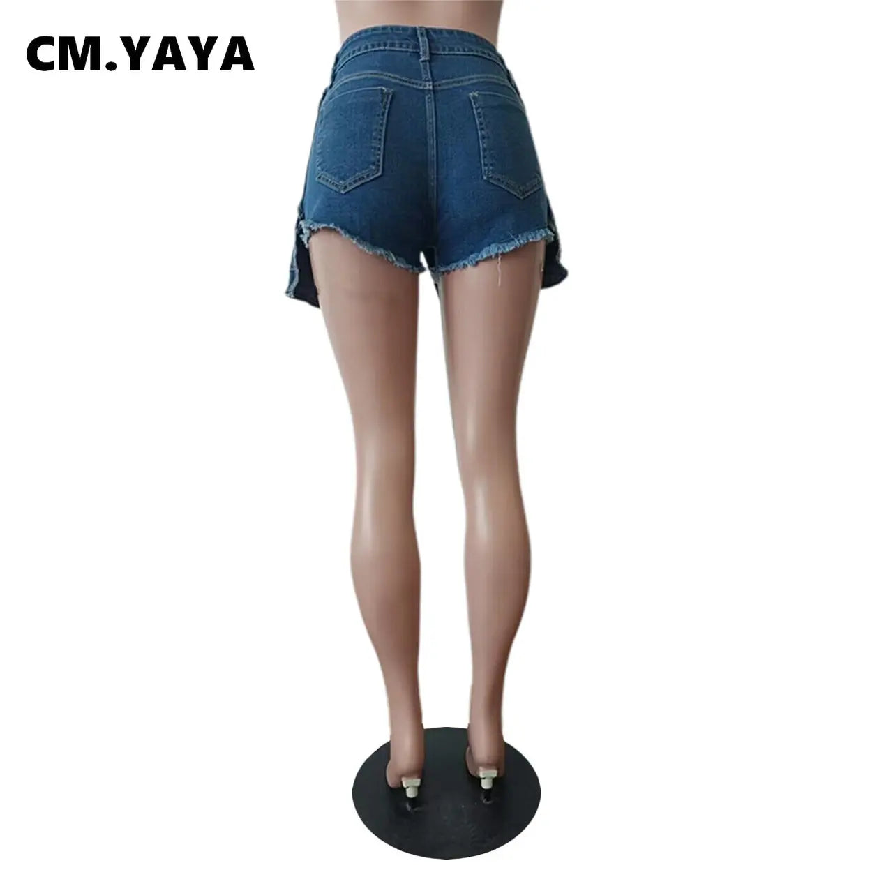 CM.YAYA Women Fashion Zipper Fly Wrap Front Flare Skirt Style Denim Shorts 2023 Street Vintage Blue Jeans Shorts