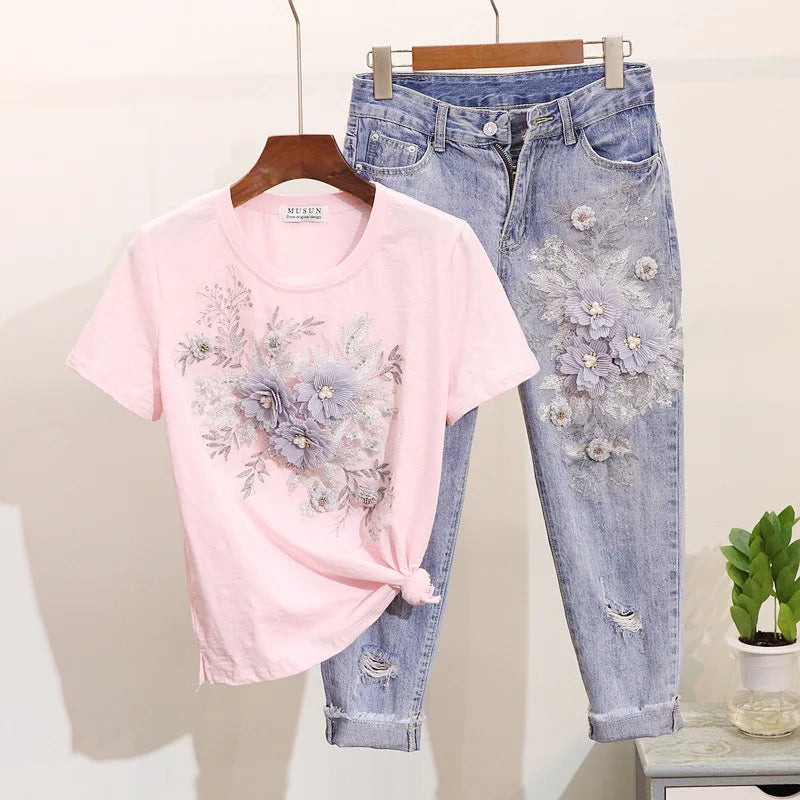 Neploe  Fashion 2 Piece Set Women Korean Jeans Suit Beading Embroidery Tshirt Tops + High Waist Hole Pants Sets Casual Outfits