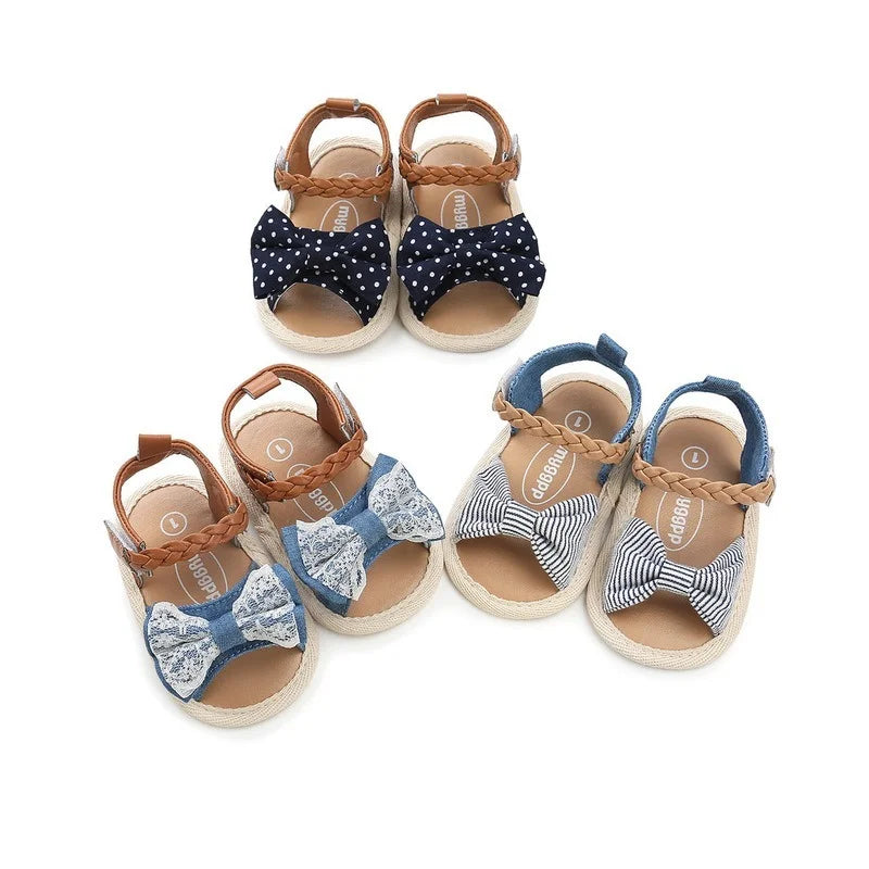 Infant Baby Shoes Girl Flats Sandals Soft Sole Anti-Slip Summer Bowknot Dot Stripe Lace Crib Shoes Newborn First Walker Hot Sale