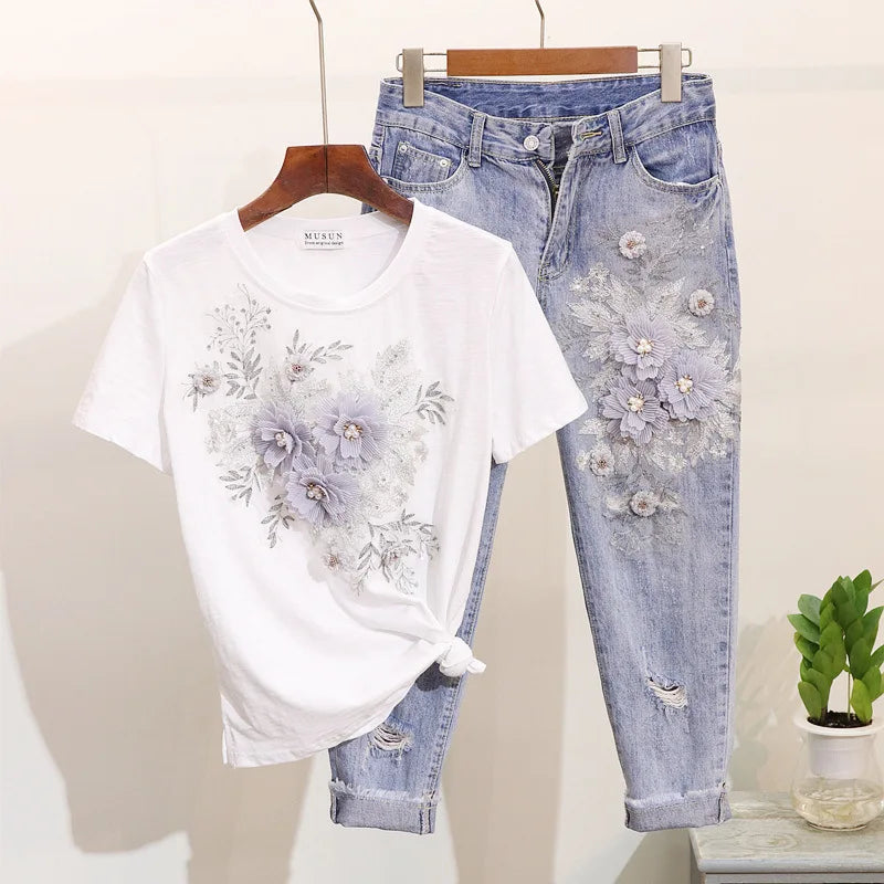 Neploe  Fashion 2 Piece Set Women Korean Jeans Suit Beading Embroidery Tshirt Tops + High Waist Hole Pants Sets Casual Outfits