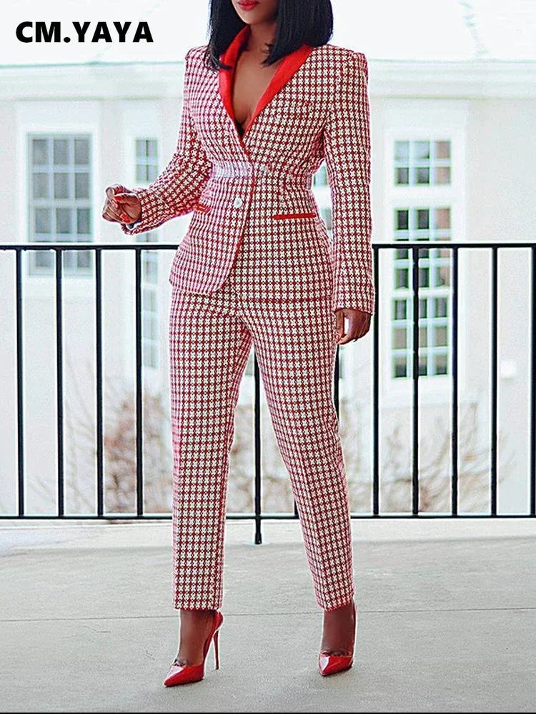 CM.YAYA Elegant Houndstooth Blazer Suit and Pants Two 2Piece Set for Women 2023 Autumn Winter Classic OL Street Outfit Tracksuit