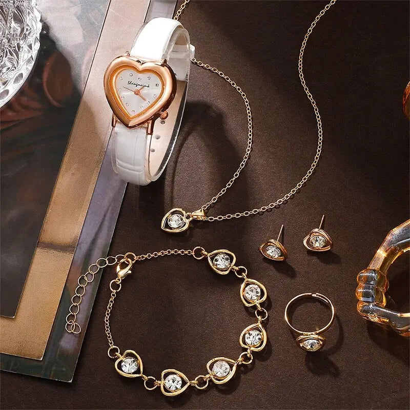 Women's Fashion Heart Watches Set Casual Leather Strap Watch Ladies Crystal Rhinestone Quartz Watches for Women Montre Femme