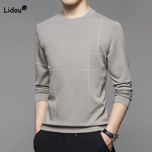 Fashion Casual Men's Solid Color Long Sleeve Tops Autumn Winter Simplicity Comfortable Round Neck Pullovers T-shirt Male Clothes