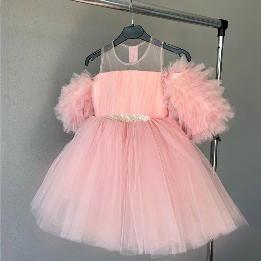 Fluffy Pearl Girls Dress Elegant White Wedding Bridemaid Princess Kids Party Dresses For Girl Birthday Short Sleeve Gown Costume