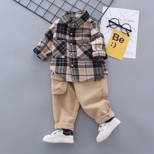 Autumn Spring Kids Boy Fashion Formal Clothing Set Kid Suits Set Plaid Shirt Pants 2pac/set Children Clothes Set 1 2 3 4 5 Years