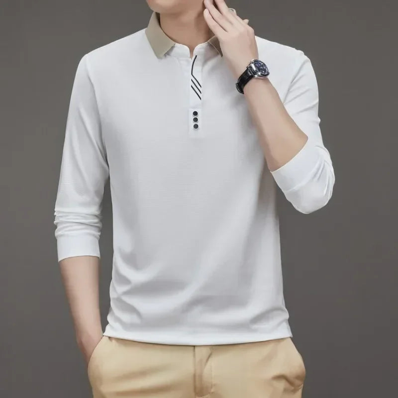 Men's Long Sleeve Turn-down Collar Waffle T-shirt Business Casual Contrast Line Polo Shirt