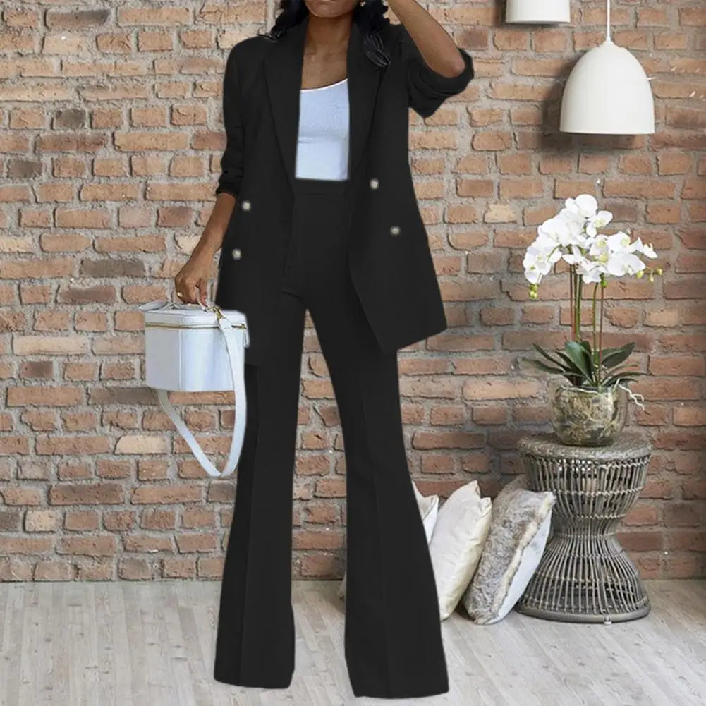 1 Set Women Suit Set Simple Autumn Winter Women Blazer Pants Double Breasted Blazer High Waist Pants for Office