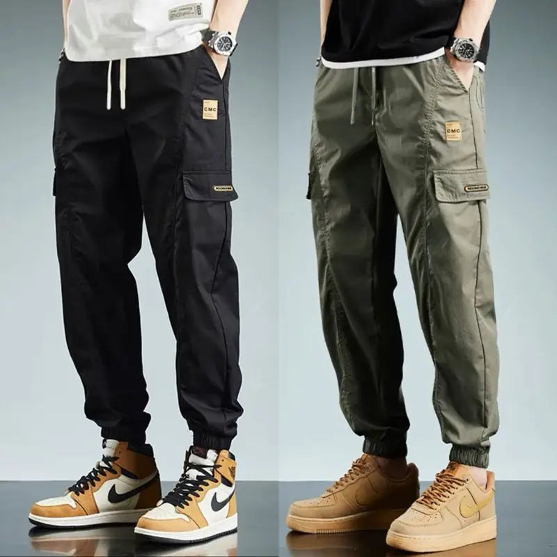 Classic Fashion Patch Multiple Pockets Men's Cargo Pants Waist Drawstring Thin Tie One's Feet Street Casual All-match Trousers