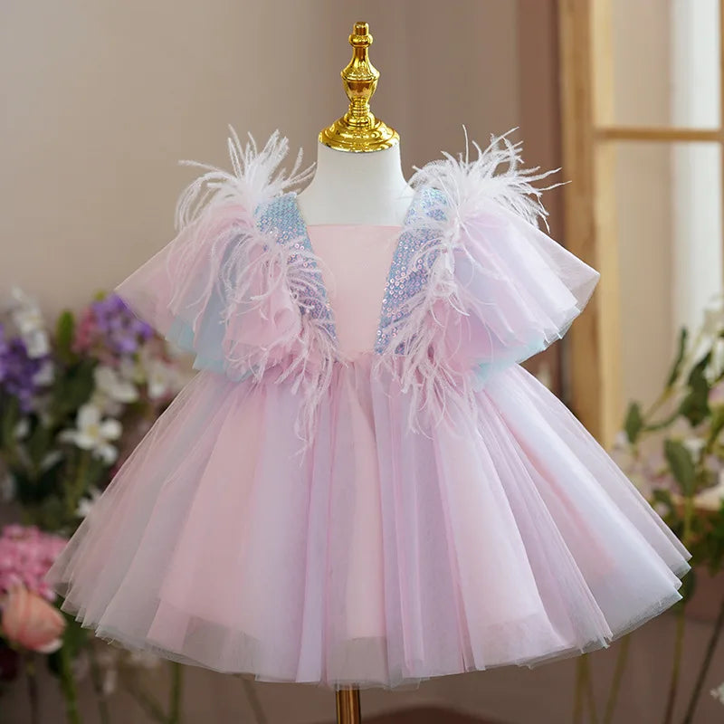 Baby Girls Sequins Elegant Princess Rainbow Dress For Kids Wedding Party Ruffles Christening Gown Infant Birthday Formal Vestido