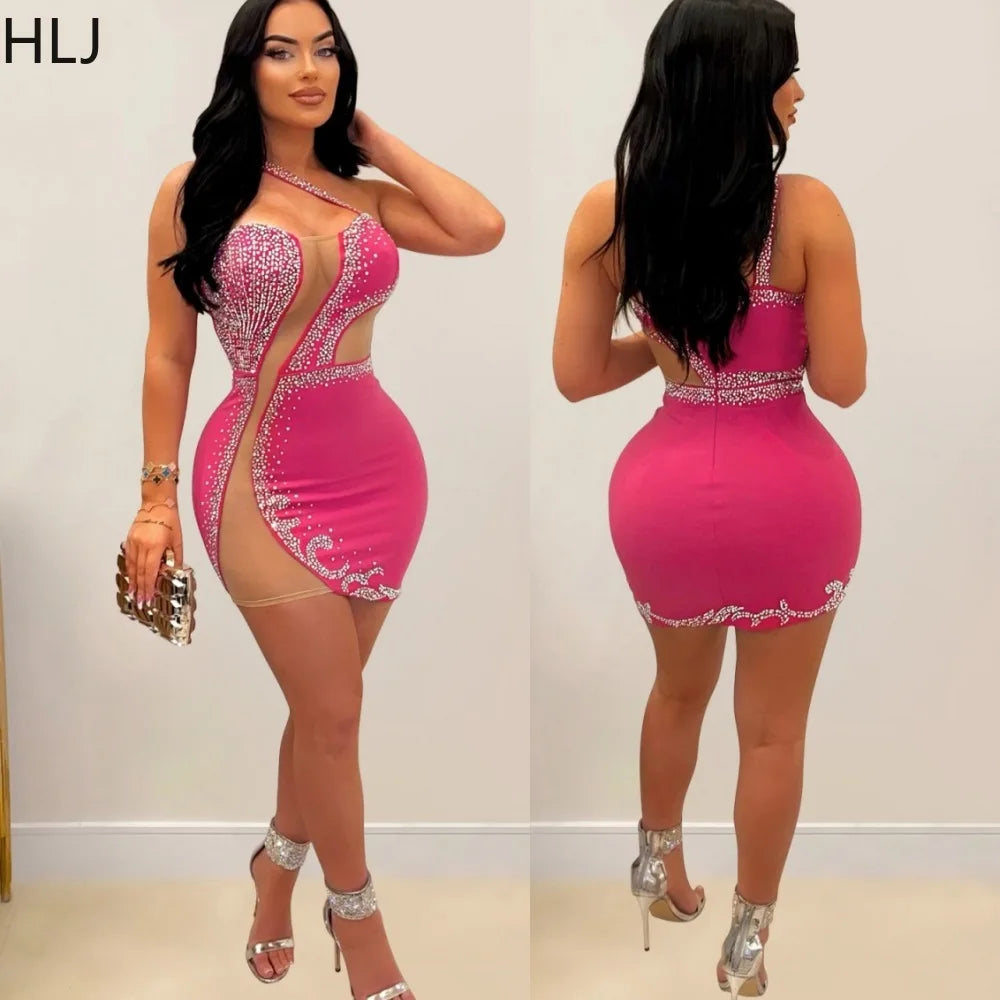 HLJ Sexy Hollow Out Mesh Patchwork Mini Dress Women One Shoulder Sleeveless Party Nightclub Fashion Female Rhinestones Vestidos