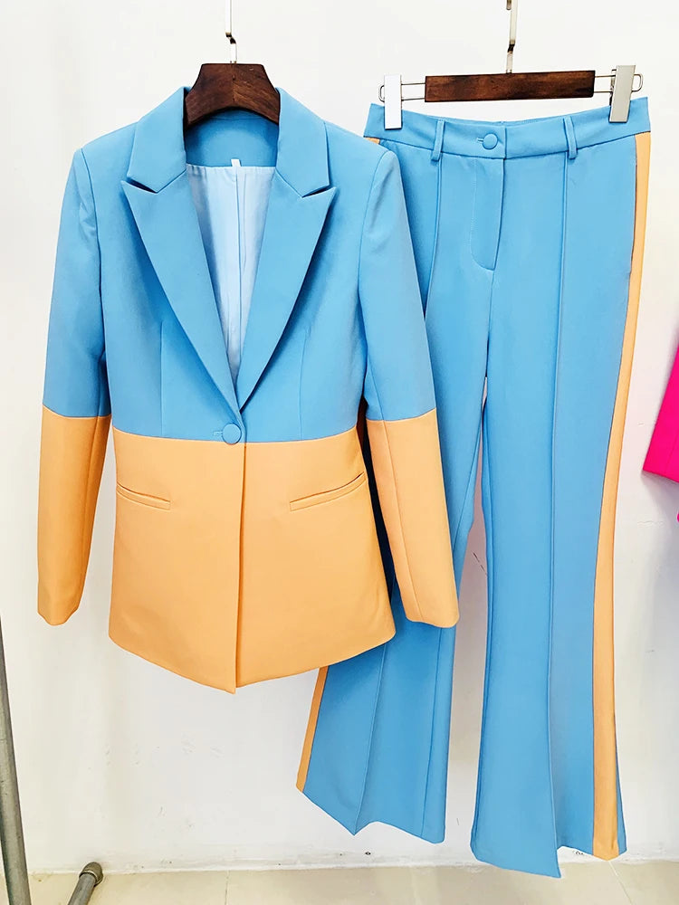 HIGH QUALITY Newest 2024 Star Style Designer Runway Suit Set Women's Single Button Color Block Blazer Flare Pants Suit