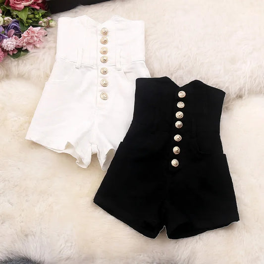 Women's High-Waisted Denim Shorts 2023 Summer New Golden Button Deco Single-breasted Slim Wide Leg Pants Femal Street Clothing