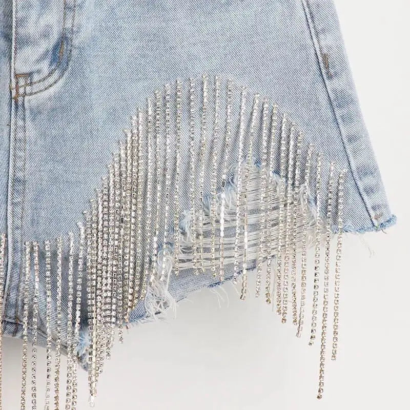 Summer New Ripped Jeans Short Femme High Waist Diamond Tassel Casual Bottoms For Ladies Denim Shorts Women Clothing Fashion