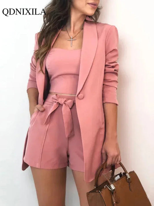 2023 Women Blazer Set Fashion Elegant Inside Vest Top Blazer High Waist Shorts 3-piece Set Summer Casual Shorts Suit