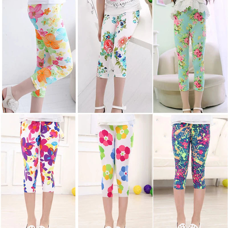 3-10years Girls Cropped Trousers Floral Print Flower Kids Calf Length Skinny Pants Stretch Leggings Children All-matches Bottoms