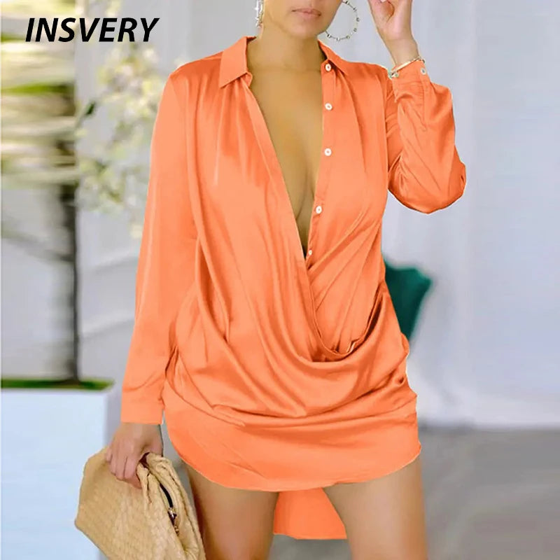 Fashion Women Satin Mini Dress Boho Vintage V Neck Button Shirt Dresses For Women Casual Office Dress 2023