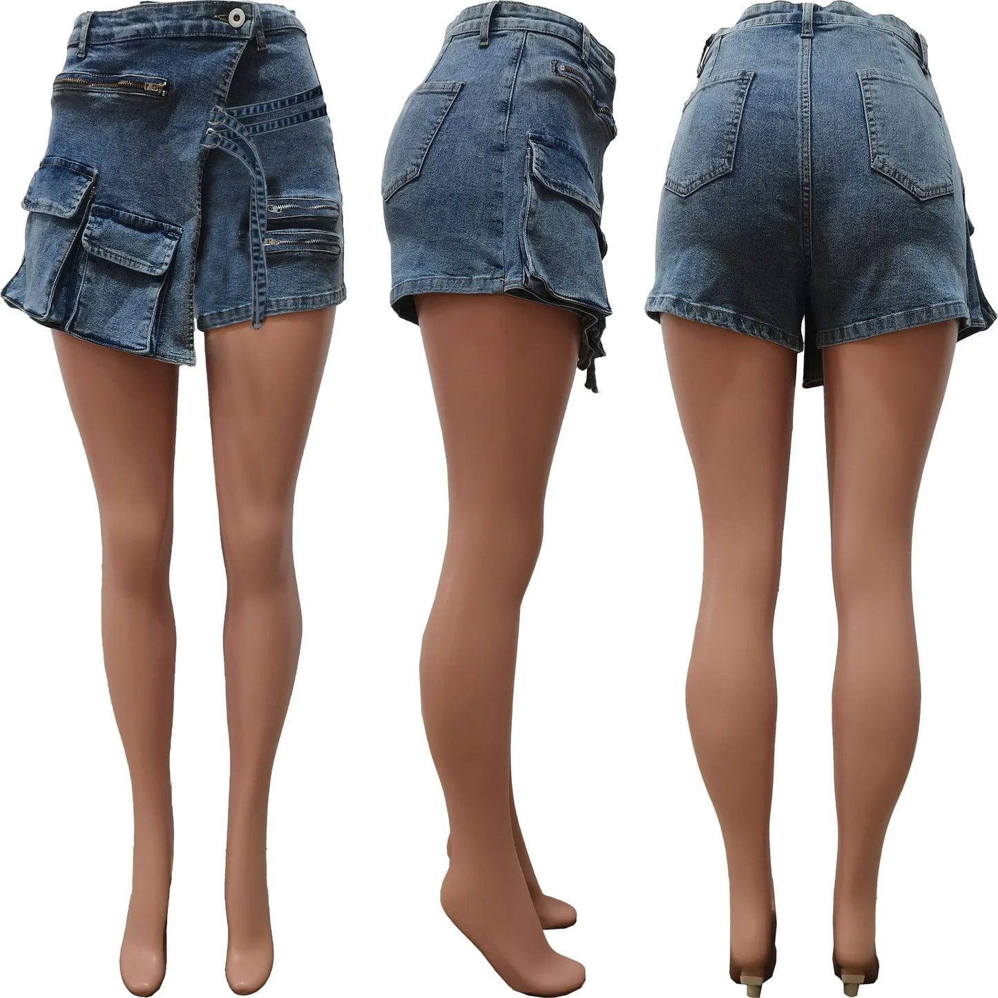 CM.YAYA Women Zipper Fly Pocket Front Button Splicing A-line Skirt Jeans Shorts 2023 Summer INS Denim Blue Denim Shorts