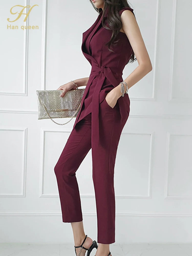 H Han Queen Summer New Occupation 2-Piece Suits Women 2022 Elegant Suit Vest Top & Simple Long Pants Korean OL Casual Work Set