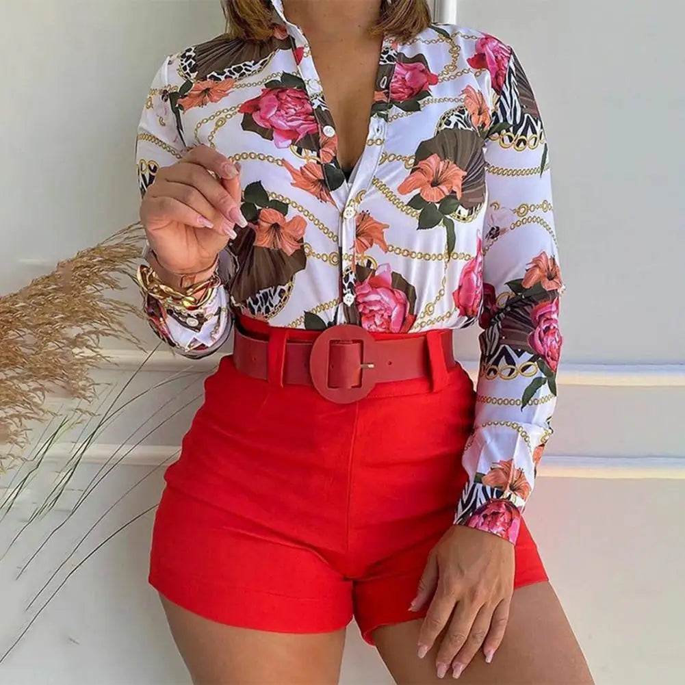 Women's Shorts Suit Summer Fashion Sexy V Neck Long Sleeve Shirts Slim Wear A Belt Elegant Female Blouse Office Two Piece Set