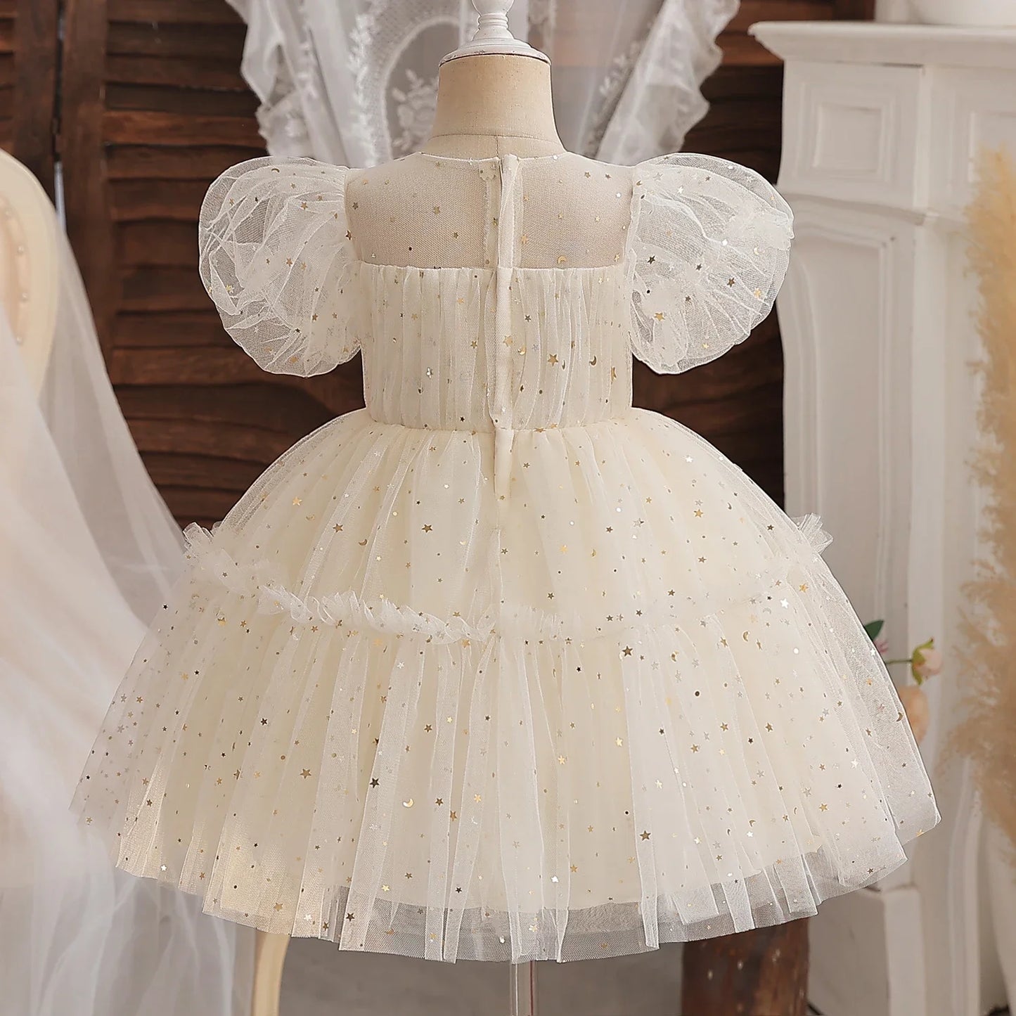 Toddler Girl Party Princess Dress Baby Champagne 1st Birthday Outfits Kids Summer Puff Sleeve Sequin Tutu Gown Girl Gala Clothes