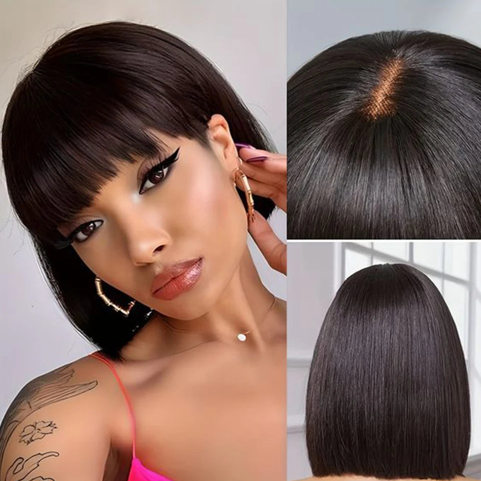 Peruvian Straight Bob Lace Wigs Glueless Straight Human Hair Wigs With Bangs Fringe Middle Part Bob Lace Wigs Realistic Scalp