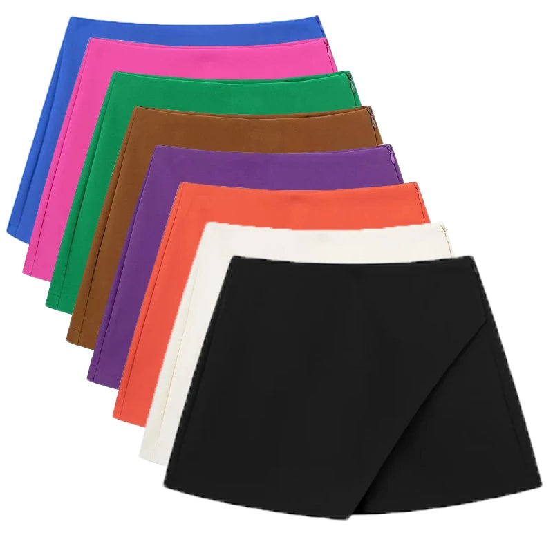 TRAF Fashion Women's High Waist Shorts Skirts Solid Asymmetrical Side Zipper Skirts Shorts 2023 Summer Black White Mini Shorts