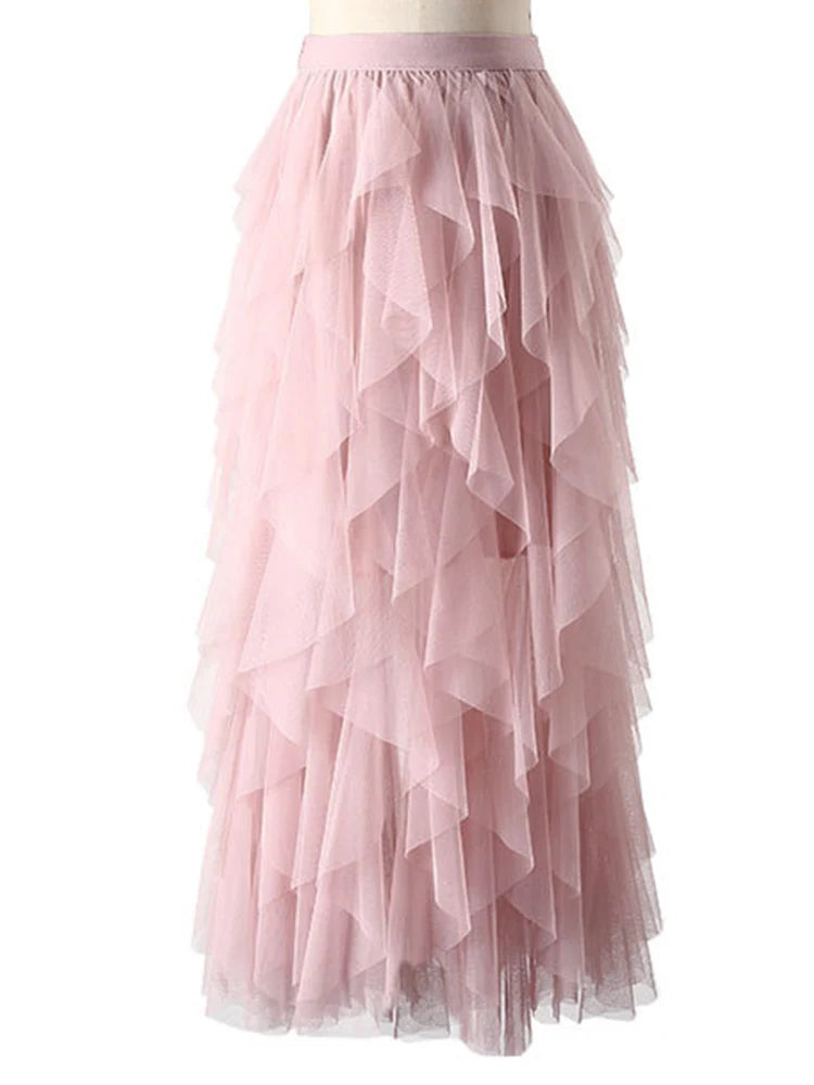 TIGENA Tutu Tulle Long Maxi Skirt Women Fashion 2024 Korean Cute Pink High Waist Pleated Skirt Mesh Female Lady Aesthetic Faldas