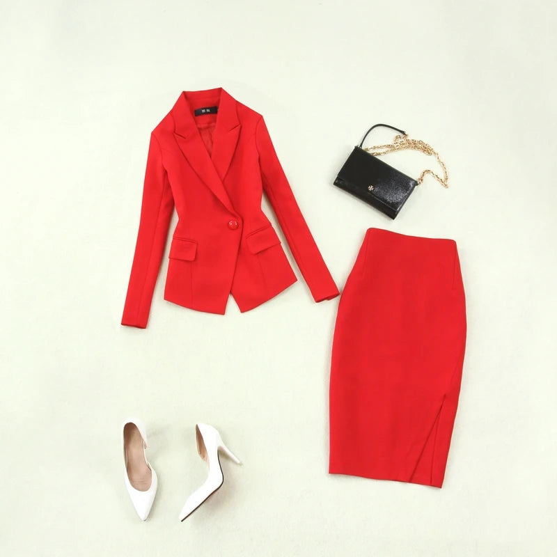 Blazer Skirt Suit 2 Piece Set Women Korean Style Chic Office Lady Jacket Business Work Formal Elegant Stylish Uniform Female