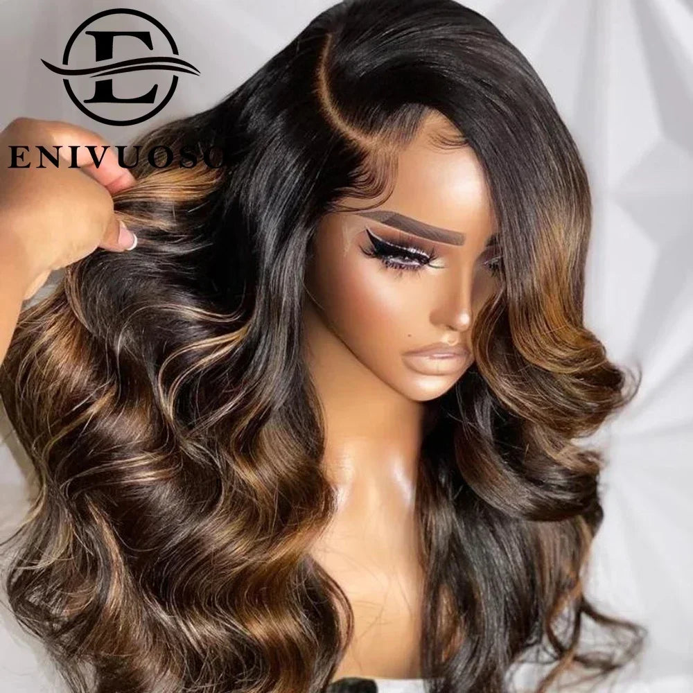 Brown Highlight Body Wave 13X4 Synthetic Lace Frontal Wigs 28 30 Inch Green Highlight Colored Glueless Lace Wig For Black Women