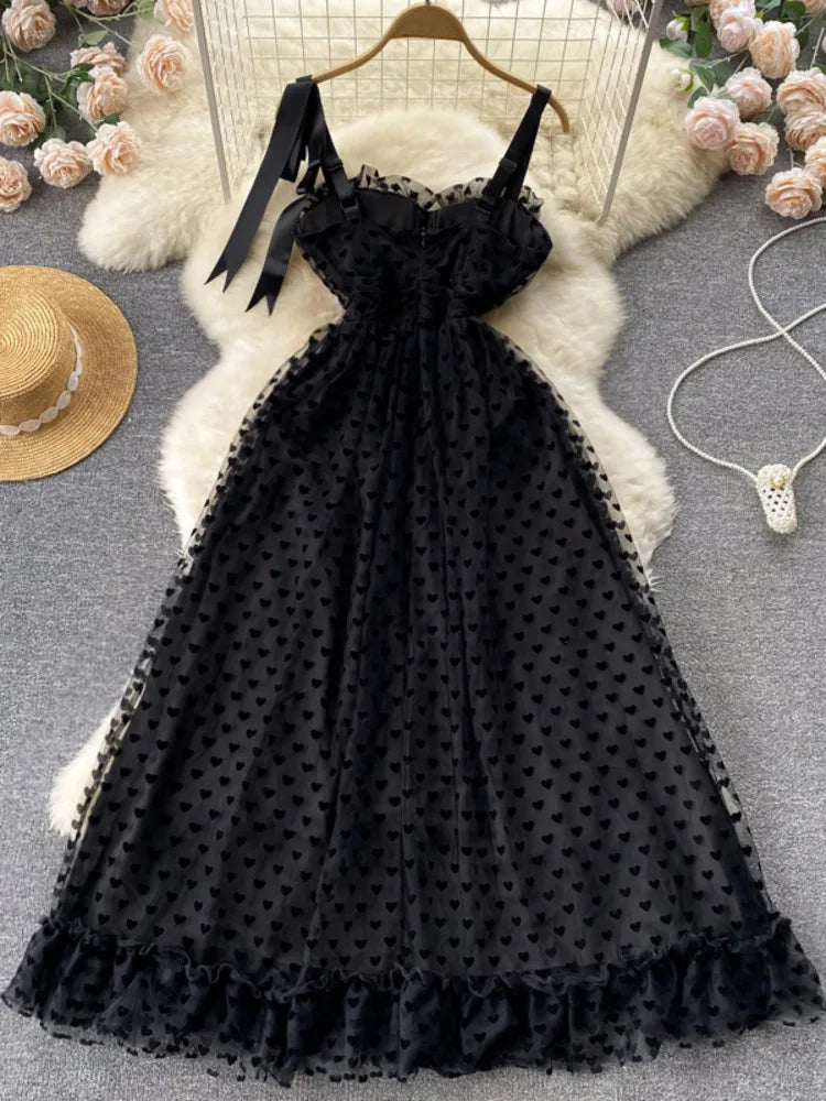 Elegant Black Long Dress Summer Women Mesh Tulle Polka Dots Lace Party Dresses Ladies Slim A-line Vintage Maxi Dress Vestidos