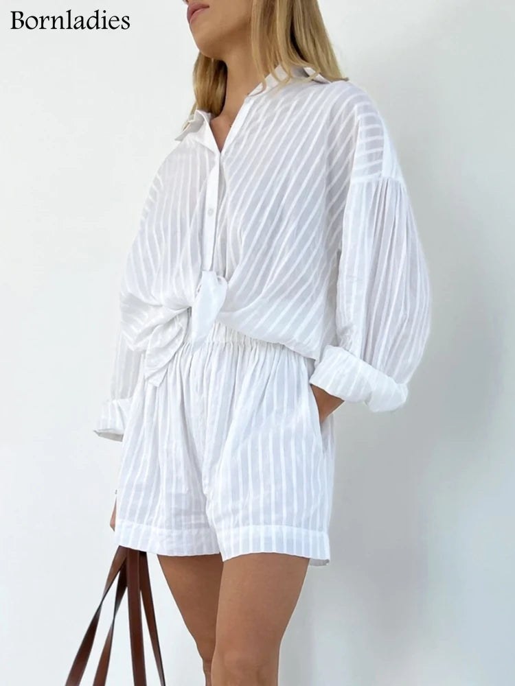 Bornladies Casual Shorts Sets Striped Jacquard 2 Pieces Cozy Lapel Lantern Sleeve Shirt Summer Outfit Elastic Waist Shorts Suits