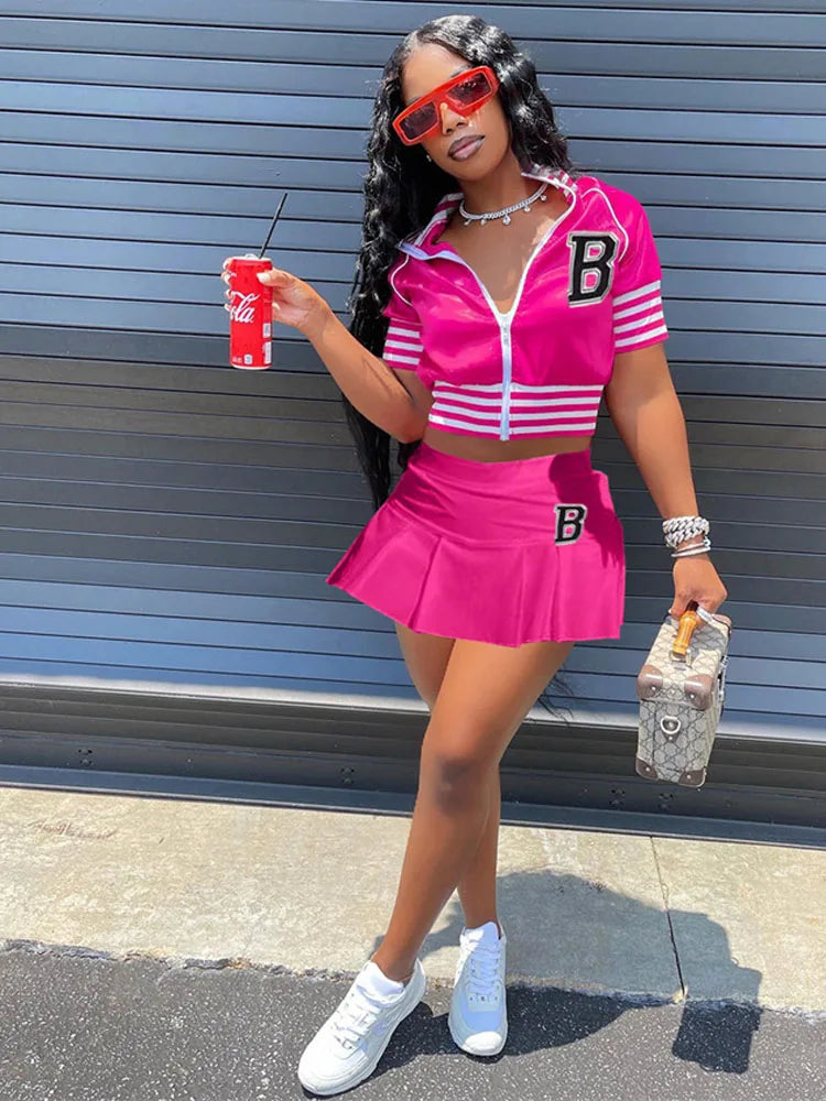 Women Casual Sports 2 Piece Set Letter Print Zipper Baseball Uniform Pleated Skirt Suit Summer Sporty Two Piece Skirt Sets 3XL