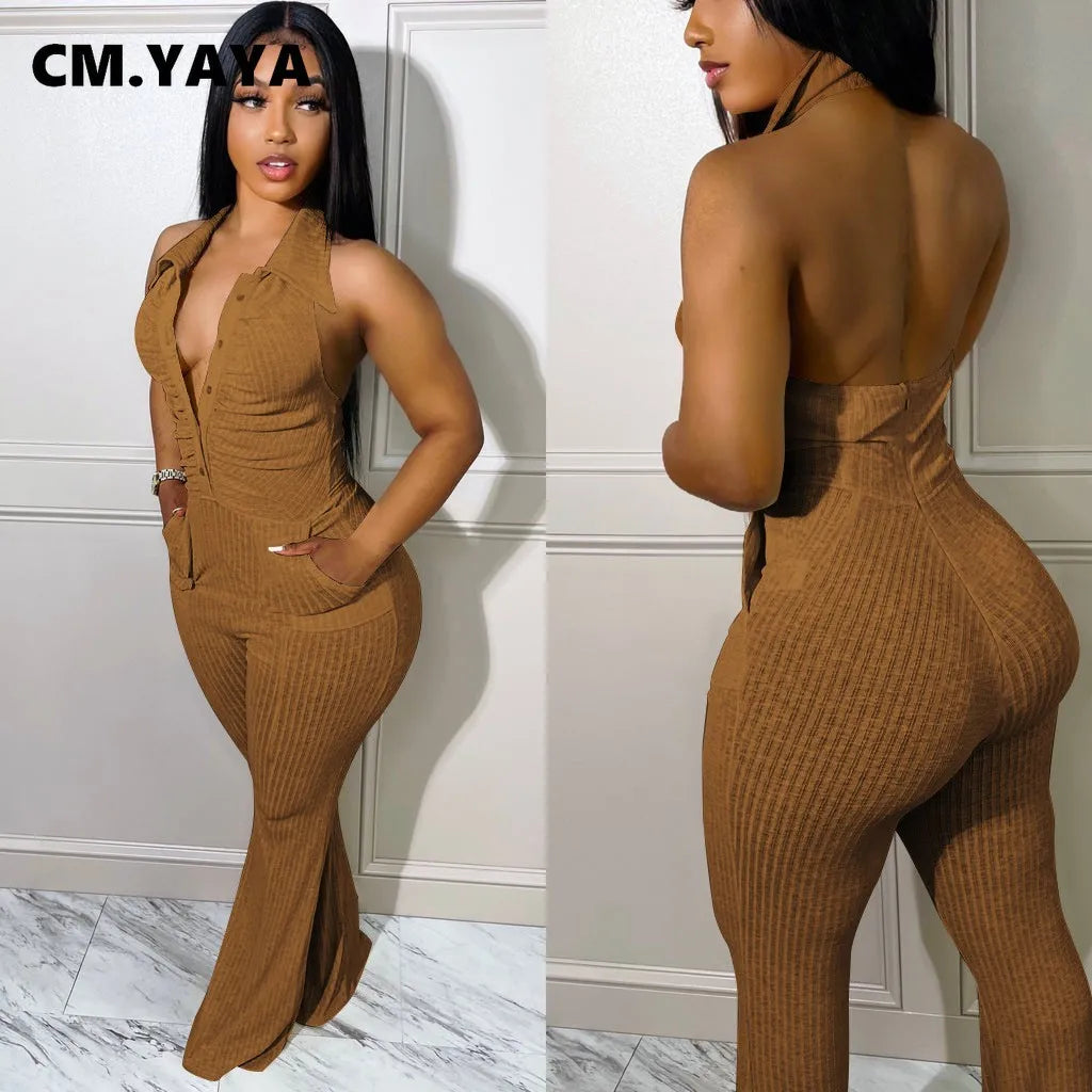 CM.YAYA Women Knit Single Breasted Sleeveless Ruched Bodycon Sleeveless Flare Jumpsuit Summer Active Ribbed Backless Playsuit