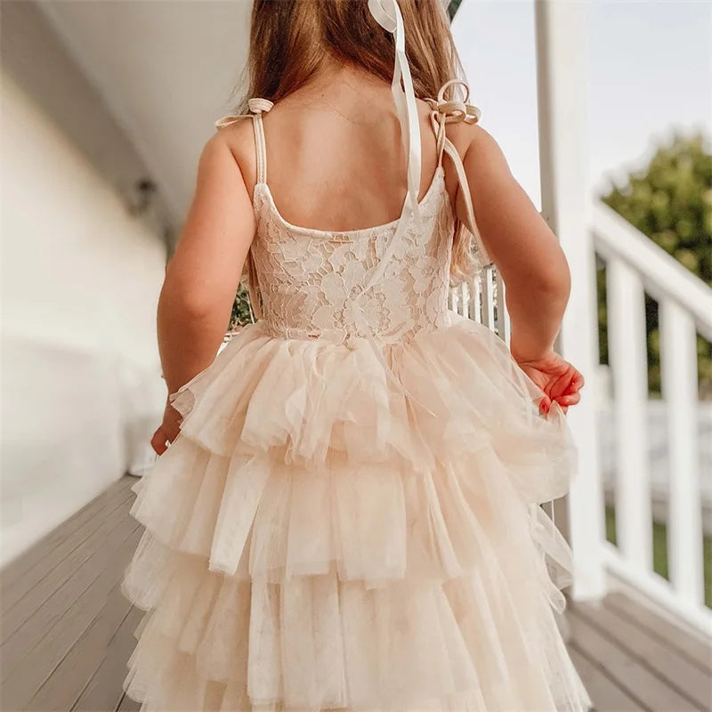 Little Girls Summer Dress for Kids Princess Birthday Party Gown Lace Sling Tutu Wedding Children Dresses Vintage Floral Clothes