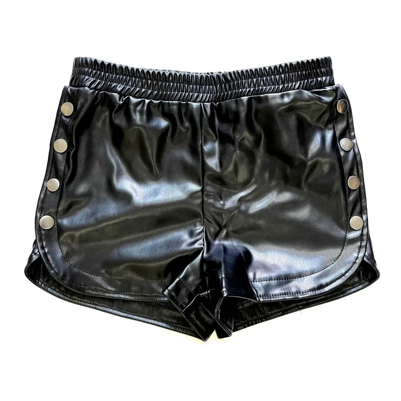 Women Faux Leather Shorts Pants High Waist Side Button Elastic Waist Black Latex Trousers Casual Outfits Streetwear Biker Shorts