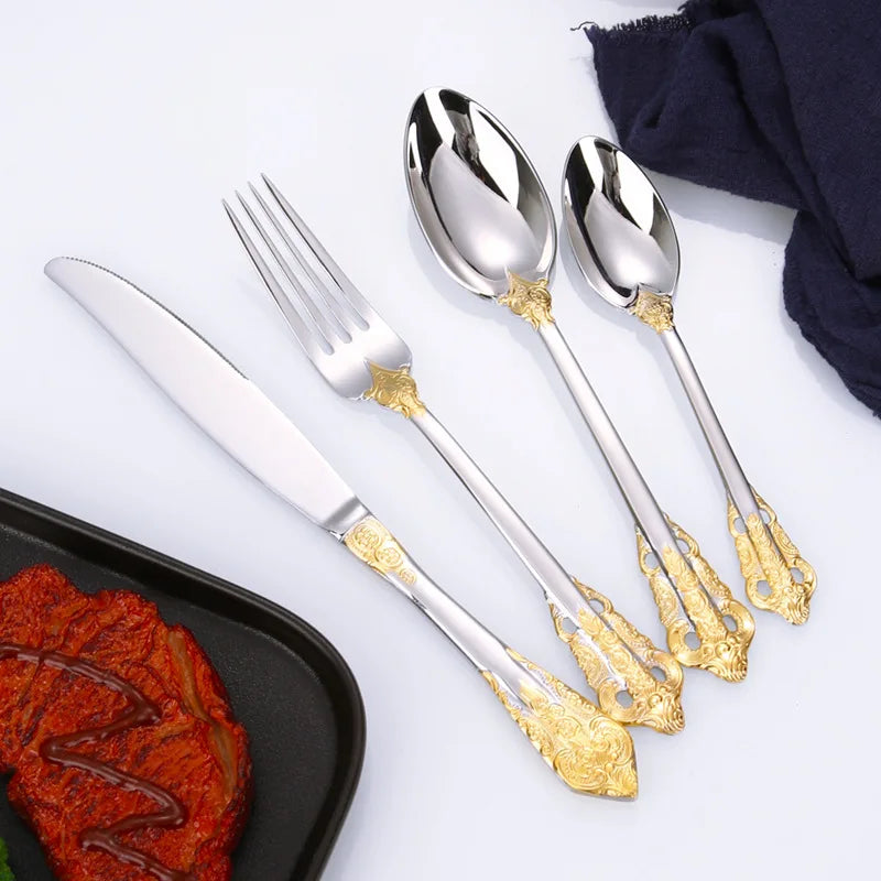 304 stainless steel Gold Cutlery Set Vintage Western Dinnerware Luxury Tableware Engraving Forks Knive Spoons Sliverware