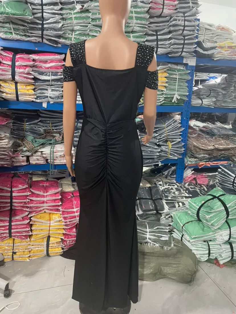 Women's Evening Dresses Fashion Clothes Rhinestone Cold Shoulder Slit Ruched Party Elegant Long Bodycon Dress for Women 2023