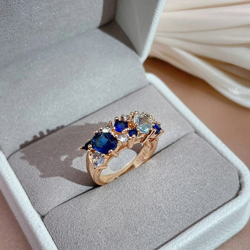 Kinel Luxury Blue Natural Zircon Ring for Women Trendy 585 Rose Gold Color Bride Wedding Party Daily Fine Vintage Jewelry Gift