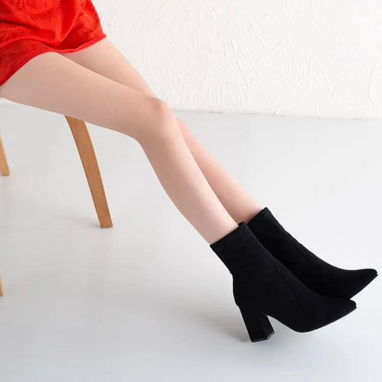 Black Brown Flock Thick Heel Ankle Boots Women Winter Shoes Nice Elegant High Heel Pointed Toe Keep Warm Short Booties Ladies