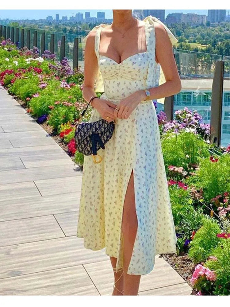 Floral Print Spaghetti Strap Split Dress Women Summer V-neck Backless Party Beach Dress Robe Femme