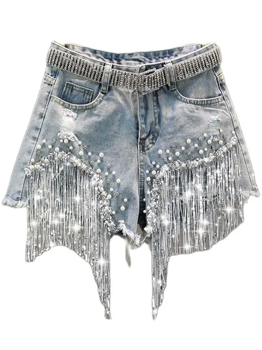 Summer Elegant Shorts Lady Tassel Beading High Waist Wide Leg Denim Shorts Female Casual Solid Shorts Jeans for Women Clothing