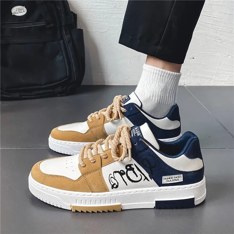 Flat Men Casual Shoes Printing Pattern Man Sneaker Vulcanized Tennis Shoes Student White Shoes New Weaving Lace-up Mens Trainers